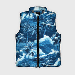 Женский жилет Пальмы и волны - голубые оттенки паттерн, цвет: 3D-светло-серый