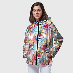 Ветровка с капюшоном женская Цветы и бабочки 5, цвет: 3D-черный — фото 2