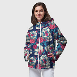 Ветровка с капюшоном женская Реалистичные черепа с розами, цвет: 3D-белый — фото 2