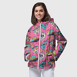 Ветровка с капюшоном женская День Мёртвых узор из черепов, цвет: 3D-белый — фото 2