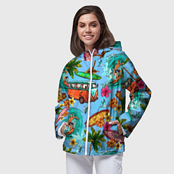 Ветровка с капюшоном женская Пальмы, волны, серфинг, цвет: 3D-белый — фото 2