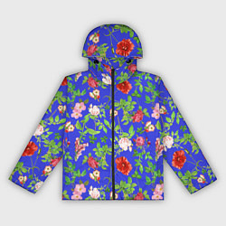 Ветровка с капюшоном женская Цветочки - синий фон - паттерн, цвет: 3D-черный