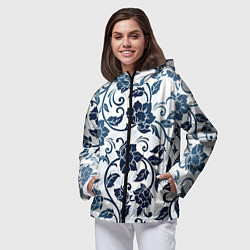 Ветровка с капюшоном женская Гжелевые цветы, цвет: 3D-черный — фото 2