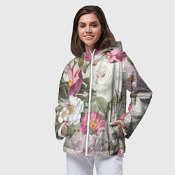 Ветровка с капюшоном женская Цветы Розовый Сад Пион и Роз, цвет: 3D-белый — фото 2