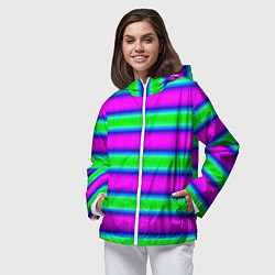 Ветровка с капюшоном женская Зеленый и фиолетовые яркие неоновые полосы striped, цвет: 3D-белый — фото 2