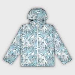 Ветровка с капюшоном женская Голубые листья пальмы на белом, цвет: 3D-белый