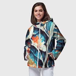 Ветровка с капюшоном женская Красочная листья - абстракция, цвет: 3D-белый — фото 2