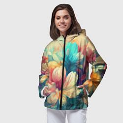 Ветровка с капюшоном женская Цветочный букет нарисованный маслом, цвет: 3D-черный — фото 2