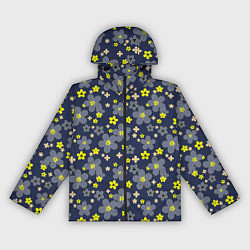 Ветровка с капюшоном женская Лимонного цвета цветы на серо-синем фоне, цвет: 3D-черный