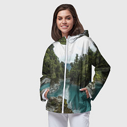 Ветровка с капюшоном женская Река, лес и скалы, цвет: 3D-белый — фото 2
