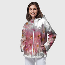 Ветровка с капюшоном женская Нежно розовая сакура, цвет: 3D-белый — фото 2