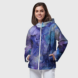 Ветровка с капюшоном женская Акварельная абстракция в синих тонах, цвет: 3D-белый — фото 2