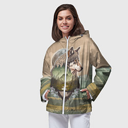 Ветровка с капюшоном женская Портрет волка в технике двойной экспозиции, цвет: 3D-белый — фото 2