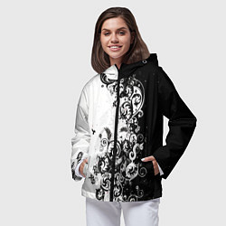 Ветровка с капюшоном женская Черно-белая птица среди узорчатых цветов, цвет: 3D-черный — фото 2