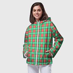 Ветровка с капюшоном женская Клетчатый зелено -оранжевый паттерн, цвет: 3D-белый — фото 2