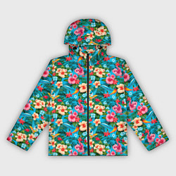 Ветровка с капюшоном женская Гавайские цветы паттерн, цвет: 3D-черный