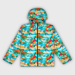 Ветровка с капюшоном женская Гавайский стиль море и цветы, цвет: 3D-черный