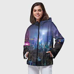 Ветровка с капюшоном женская Большой город в розово-голубых огнях, цвет: 3D-черный — фото 2
