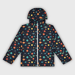 Ветровка с капюшоном женская Темный космос с планетами паттерн, цвет: 3D-белый