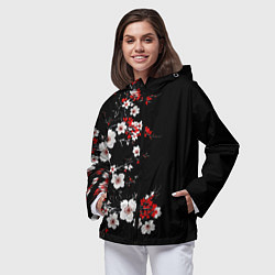 Ветровка с капюшоном женская Белая и красная сакура - цветение, цвет: 3D-черный — фото 2