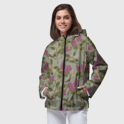 Ветровка с капюшоном женская Мухоловки и сирень, цвет: 3D-черный — фото 2
