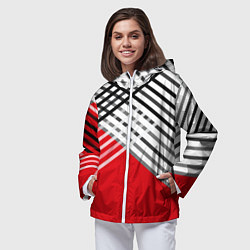 Ветровка с капюшоном женская Косые черно-белые полосы на красном, цвет: 3D-белый — фото 2