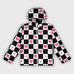 Ветровка с капюшоном женская Розовые сердечки на фоне шахматной черно-белой дос, цвет: 3D-белый