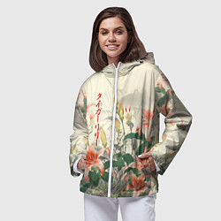 Ветровка с капюшоном женская Тигровые лилии - японский стиль, цвет: 3D-белый — фото 2