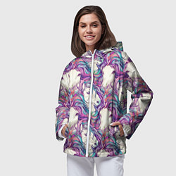 Ветровка с капюшоном женская Морды лошади фиолетовый паттерн, цвет: 3D-белый — фото 2