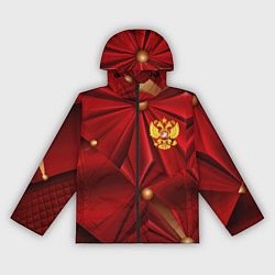 Ветровка с капюшоном женская Золотой герб России на красной абстракции, цвет: 3D-черный