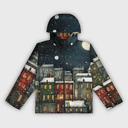 Ветровка с капюшоном женская Новогодний рисованный город, цвет: 3D-черный