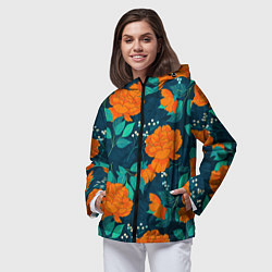 Ветровка с капюшоном женская Паттерн с оранжевыми цветами, цвет: 3D-черный — фото 2