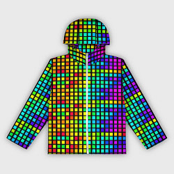 Ветровка с капюшоном женская Разноцветные квадраты на чёрном фоне, цвет: 3D-белый