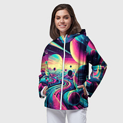 Ветровка с капюшоном женская Неоновый космос - нейросеть, цвет: 3D-белый — фото 2