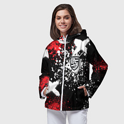 Ветровка с капюшоном женская Логотип Порше на фоне граффити и брызг красок, цвет: 3D-белый — фото 2