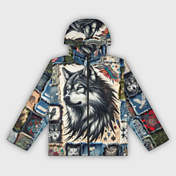 Ветровка с капюшоном женская Волк на дениме Пэчворк, цвет: 3D-черный