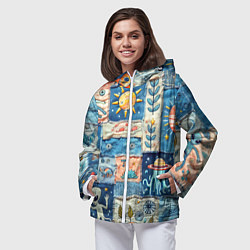 Ветровка с капюшоном женская Инопланетные обитатели на пэчворке, цвет: 3D-белый — фото 2