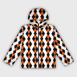 Ветровка с капюшоном женская Чёрные и оранжевые ромбы на белом фоне, цвет: 3D-черный