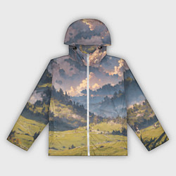 Ветровка с капюшоном женская Зелёное поле и небо - аниме, цвет: 3D-белый
