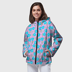 Ветровка с капюшоном женская Голубые цветочки на розовом орнаменте, цвет: 3D-черный — фото 2