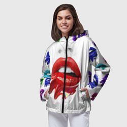 Ветровка с капюшоном женская Цветные губы, цвет: 3D-черный — фото 2