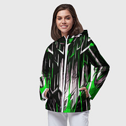 Ветровка с капюшоном женская Зелёно-белые вертикальные полосы на чёрном фоне, цвет: 3D-белый — фото 2