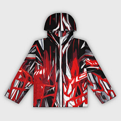 Ветровка с капюшоном женская Красно-белая хаотичная абстракция на чёрном фоне, цвет: 3D-белый