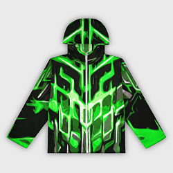 Ветровка с капюшоном женская Абстрактные зелёные линии на чёрном фоне, цвет: 3D-белый
