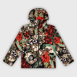 Ветровка с капюшоном женская Граффити плюшевого медведя среди акул азарта, цвет: 3D-черный