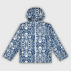 Ветровка с капюшоном женская Геометрический узор арабеска бело-синий, цвет: 3D-белый