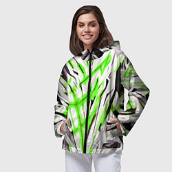 Ветровка с капюшоном женская Чёрно-зелёная агрессивная абстракция на белом фоне, цвет: 3D-черный — фото 2