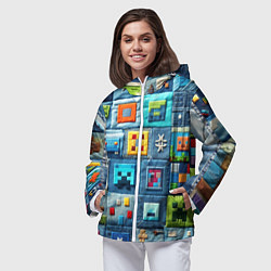 Ветровка с капюшоном женская Minecraft на пэчворк дениме, цвет: 3D-белый — фото 2