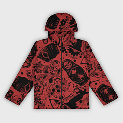 Ветровка с капюшоном женская Матрёшка с черепом на фоне славянских узоров и бал, цвет: 3D-черный