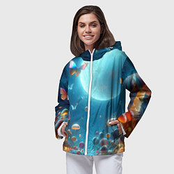 Ветровка с капюшоном женская Сказочные грибы и бабочки под луной - фантазия, цвет: 3D-белый — фото 2